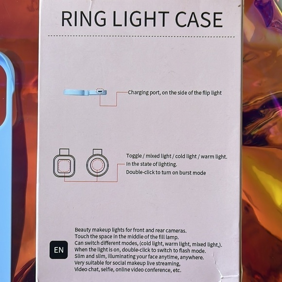 Brand New Selfie Ring Light Flip Phone Case for iPhone 14 Pro Max 3 Modes Blue - Picture 6 of 11